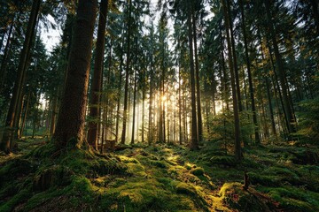 Obraz premium Golden Sunlight Filtering Through Tall Trees in a Lush Green Forest Landscape in Morning Light Creating a Peaceful Natural Scene