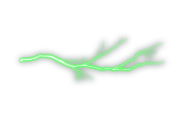 Glowing green lightning streak with branching electric lines on a white background. Neon energy bolt effect for sci-fi, fantasy, and weather design themes. Ideal electric flash graphic for overlays