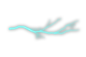 Glowing cyan lightning streak with branching electric lines on a white background. Neon energy bolt effect for sci-fi, fantasy, and weather design themes. Ideal electric flash graphic for overlays