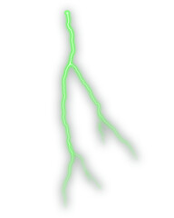 Glowing green lightning bolt with electric branches on a white background. Bright neon energy strike effect for fantasy art, weather themes, and digital visual design. Perfect electric flash element 