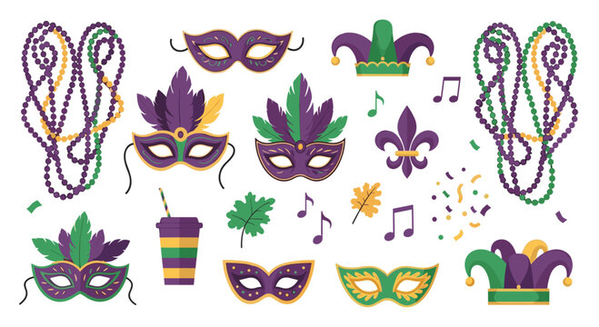 Celebrate with festive Mardi Gras masks, beads, and hats for a vibrant carnival party, a fun and colorful occasion, or a jubilant holiday celebration