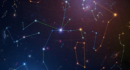 A vibrant and detailed illustration of the night sky, showcasing numerous stars and constellations connected by lines, against a deep blue and purple cosmic background.