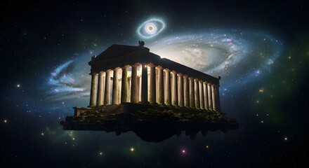 A surreal depiction of a classical temple floating in a cosmic galaxy.