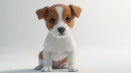 A jack russell terrier puppy sitting on a white background looking towards the camera with big eyes