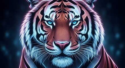 A close-up, vibrant digital illustration of a tiger's face with striking blue eyes and glowing neon accents.