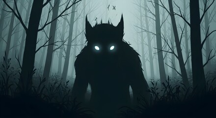 A dark, silhouetted monster with glowing eyes stands ominously in a misty, eerie forest at night, evoking a sense of fear and mystery.