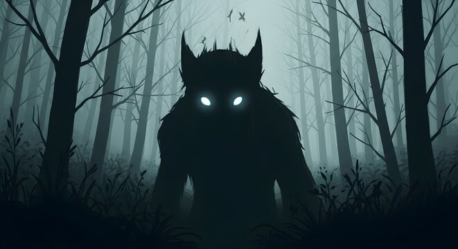 A dark, silhouetted monster with glowing eyes stands ominously in a misty, eerie forest at night, evoking a sense of fear and mystery. - Powered by Adobe