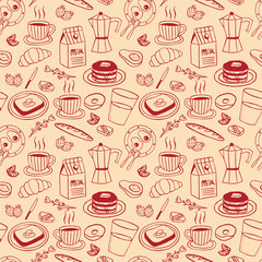Seamless breakfast doodle pattern  cozy cafe hand drawn food design