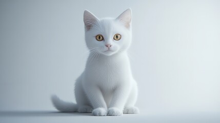 A pristine white cat with golden eyes sits on a light background looking at the camera calmly and sweetly