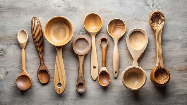 Collection of hand carved wooden spoons arranged on a rustic table