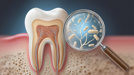 illustration of a tooth with magnifier showing bacteria