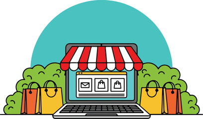 Online shopping concept with laptop and shopping bags illustration