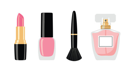 Pink perfection makeup set for beauty enthusiasts, adding a touch of elegance to any look with lipstick, nail polish, brush, and perfume