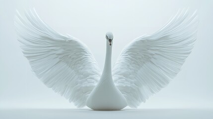 A white swan with its wings spread wide against a bright white background in a studio setting