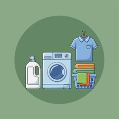 Laundry room essentials with washing machine and detergent illustration