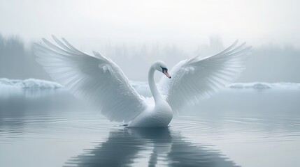 Fototapeta premium A white swan spreading its wings on a misty lake with trees blurred in the background during daytime