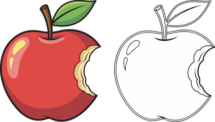 Red Bitten Apple Cartoon Style with Black Line Art Outline Isolated Vector Graphic
