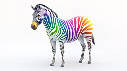 A zebra with rainbow colored stripes standing on a white background in a studio setting