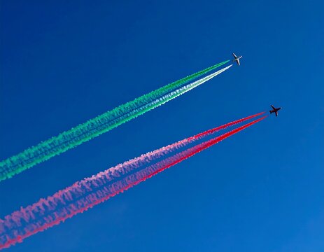 Airplanes Flying with Colored Smoke Trails in the Bright Blue Sky