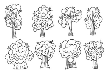 Set of hand-drawn cartoon doodle trees isolated on white background. Outline forest elements, playful style. Perfect for kids’ designs, nature education, posters, and coloring books