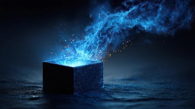 A glowing, textured cube emits a stream of blue light and sparkles into a dark atmosphere