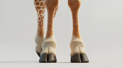 A close up view of the lower legs and hooves of a giraffe against a plain white background