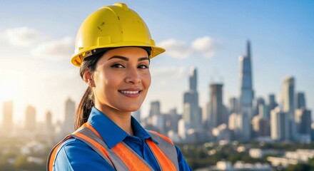 Confident female construction worker wearing hard hat and safety vest with city skyline background