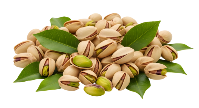 Pile of pistachios with leaves isolated on transparent background, a nutritious and delicious snack option