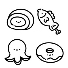 Cute kawaii doodle set of sea animals snacks with smiling faces, including octopus, fish, sushi roll, and donut. Simple black line art, minimal, hand-drawn cartoon style.