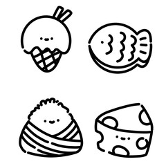 Simple cute doodle of ice cream and fish with smiling faces, ideal for fun food and summer concepts. Cartoon food icon set collection illustration.