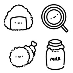 Adorable Japanese food doodles featuring onigiri, candy, and milk bottle in minimalist kawaii line art.