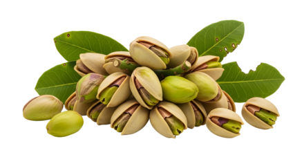Pile of pistachios isolated on transparent background fresh, healthy snack with green leaves and open shells