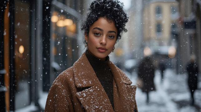 A woman with curly hair in a winter coat poses on a snowy city street