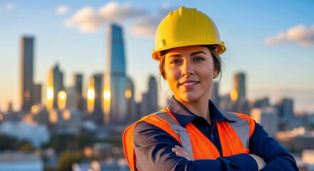 Confident female construction worker wearing hard hat and safety vest with city skyline background