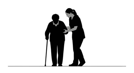 Caring nurse gently assists elderly patient with walking stick, promoting independence and well-being in healthcare settings.