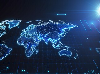 A futuristic, digital world map illuminated with glowing blue lines and nodes, symbolizing global connectivity, data networks, or advanced technology infrastructure.