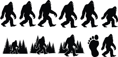 Bigfoot walking silhouette, forest background vector, Sasquatch footprint icon, cryptid creature illustration, mysterious wilderness design, black and white graphic