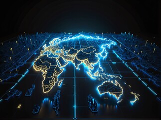 A futuristic, glowing digital world map with neon blue and yellow lines illuminating continents and cities, set against a dark background  symbolizing global connectivity in the age of technology.