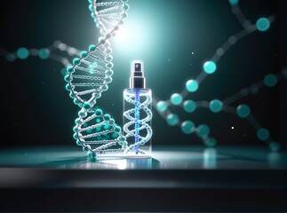 A futuristic science-themed image featuring a transparent spray bottle containing glowing DNA strands, set against a backdrop of luminous molecular structures and a helix double-stranded DNA model  sy