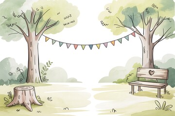 Cute watercolor landscape with green trees decorated with garland of flags, lawn with bench and beautiful big tree stump. Hand-drawn template for your cartoon wallpaper design, mural or background.
