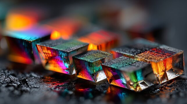 Stunning iridescent crystal cubes refract vibrant rainbow light, showcasing scientific beauty and modern design - Powered by Adobe