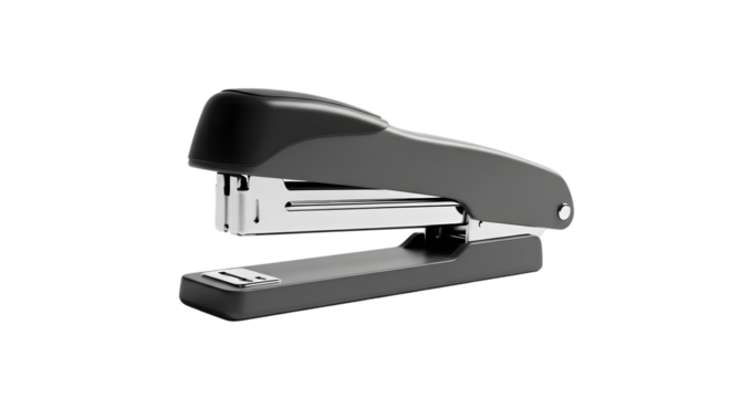 Black stapler isolated on transparent background, a common office tool used to fasten papers together, with its sturdy construction and simple design