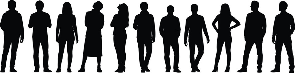 Human silhouette vector, diverse people standing poses, fashion figure clipart, body shape illustration, posture design, black outline icons, character modeling