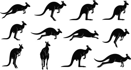 Kangaroo silhouette vector, jumping and standing poses, Australian wildlife illustration, black animal shapes, dynamic kangaroo movement, nature design element