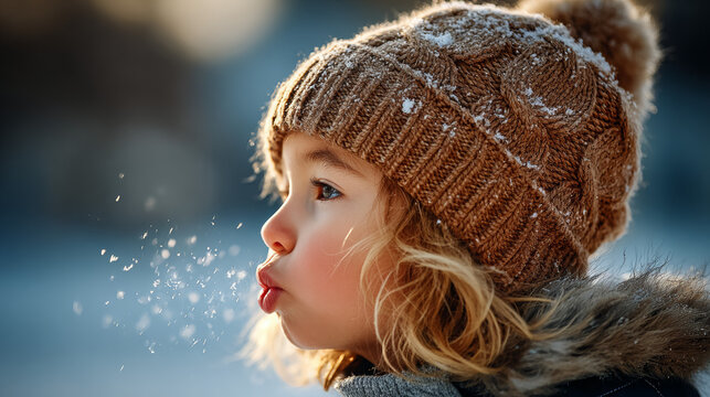 Child with wool hat blowing snowflakes in golden winter light  