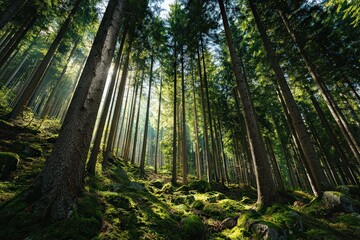 Sunlight Filtering Through Tall Green Trees in Forest with Mossy Ground Scenic Woodland Landscape with Natural Light Warm Golden Hour