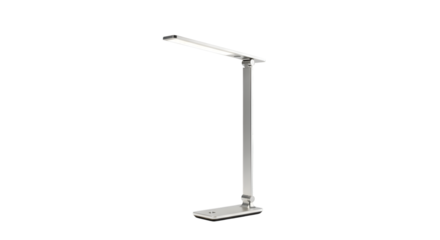 Modern silver desk lamp isolated on transparent background, providing bright and adjustable lighting for workspace or study area, enhancing productivity