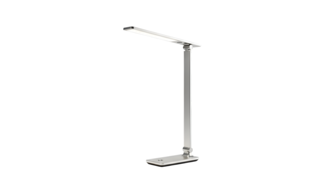 Modern silver desk lamp isolated on transparent background, providing bright and adjustable lighting for workspace or study area, enhancing productivity