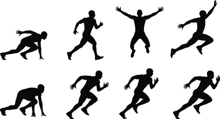 Running silhouette vector, sprint motion sequence, athletic figure illustration, sports movement design, black runner clipart, dynamic posture icons, speed training art