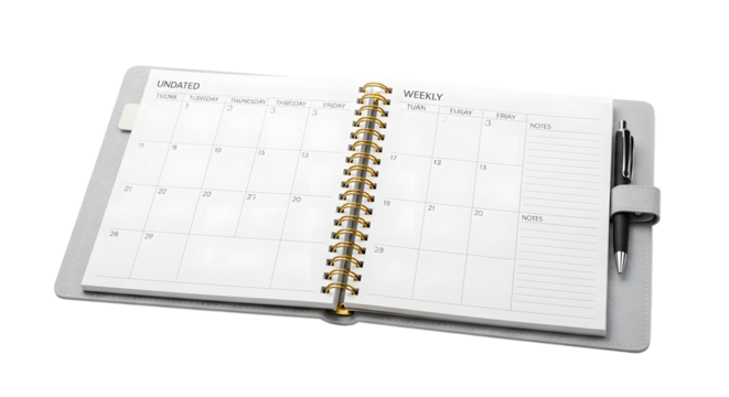 Open personal planner with pen isolated on transparent background shows blank pages for writing down schedules and appointments for time management